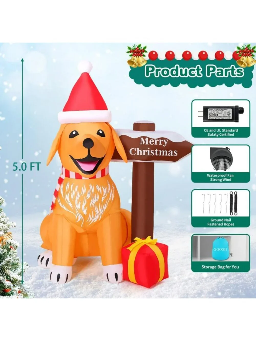 5FT Inflatable Golden Retriever Christmas Decor with LED Lights for Yard